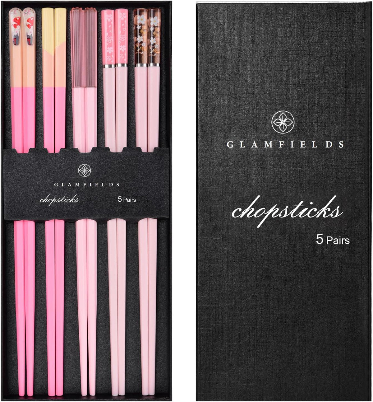 Chopsticks Reusable Dishwasher Safe, 5 Pairs 9.5 Inches Premium Chop Sticks Set for Sushi, Ramen, Asian Cuisine, Matte Non-slip with Gift Case, Pink