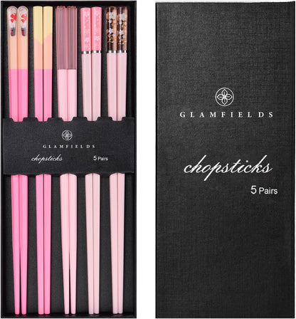 Chopsticks Reusable Dishwasher Safe, 5 Pairs 9.5 Inches Premium Chop Sticks Set for Sushi, Ramen, Asian Cuisine, Matte Non-slip with Gift Case, Pink