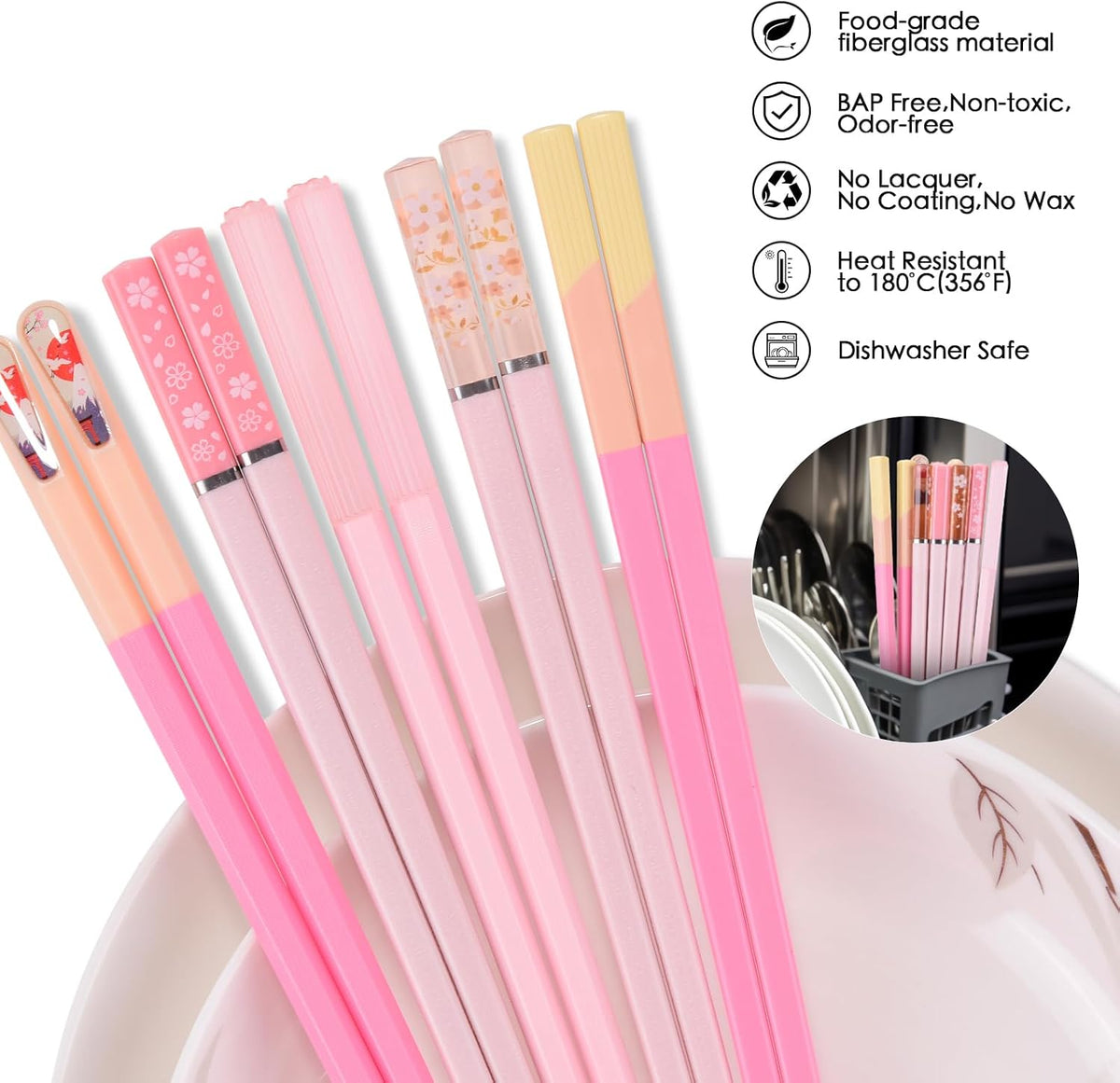 Chopsticks Reusable Dishwasher Safe, 5 Pairs 9.5 Inches Premium Chop Sticks Set for Sushi, Ramen, Asian Cuisine, Matte Non-slip with Gift Case, Pink