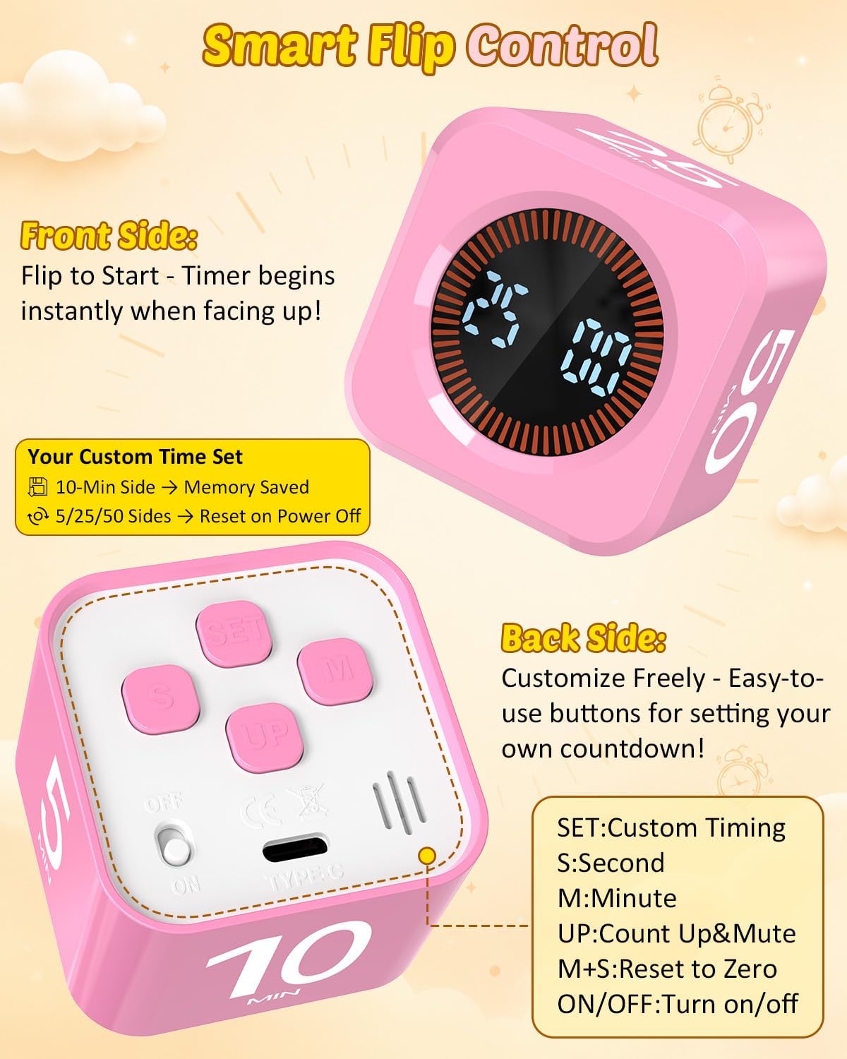 Digital Pomodoro Timer Cube 5/10/25/50min Preset, Silent & Sound Alarm