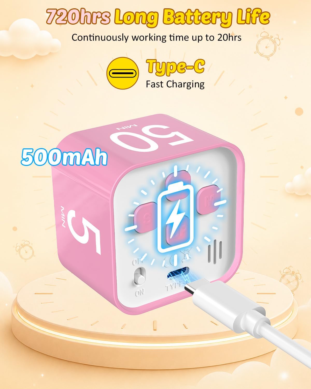 Digital Pomodoro Timer Cube 5/10/25/50min Preset, Silent & Sound Alarm