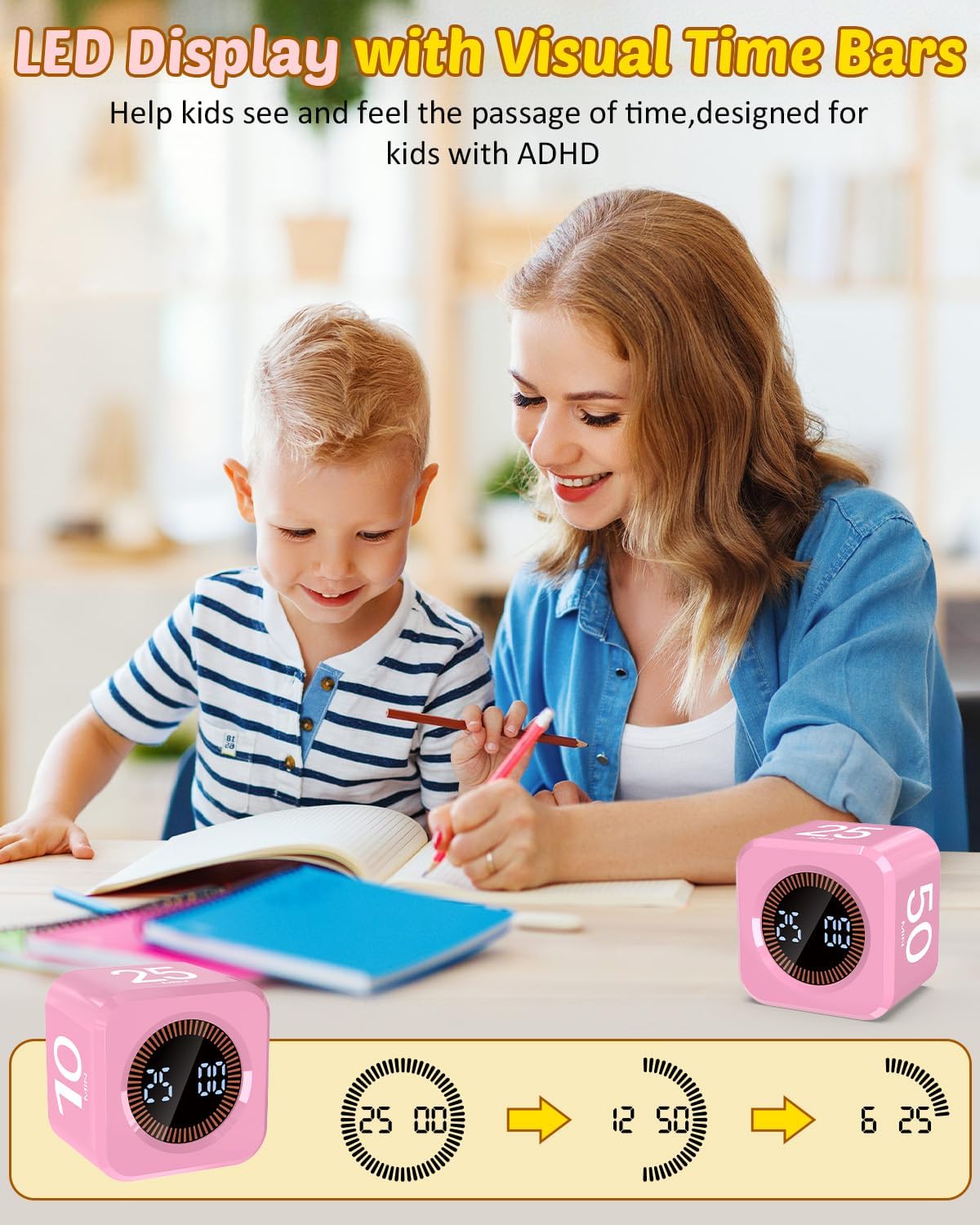 Digital Pomodoro Timer Cube 5/10/25/50min Preset, Silent & Sound Alarm