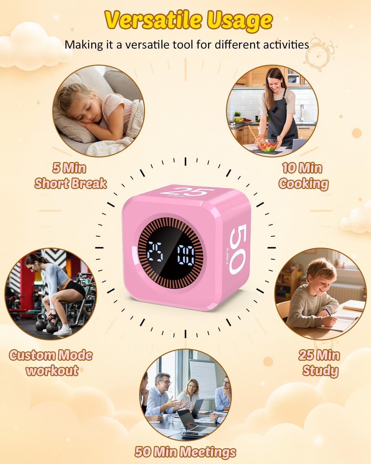 Digital Pomodoro Timer Cube 5/10/25/50min Preset, Silent & Sound Alarm