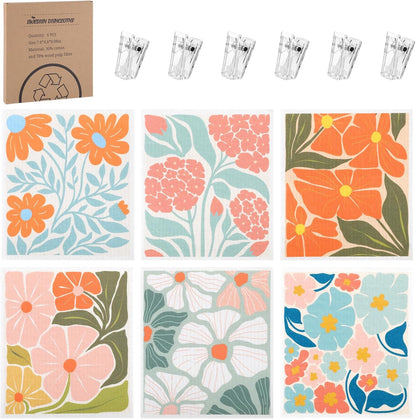 6 Pack Swedish Dishcloths for Kitchen,Abstract Floral Dish Towel with Clip