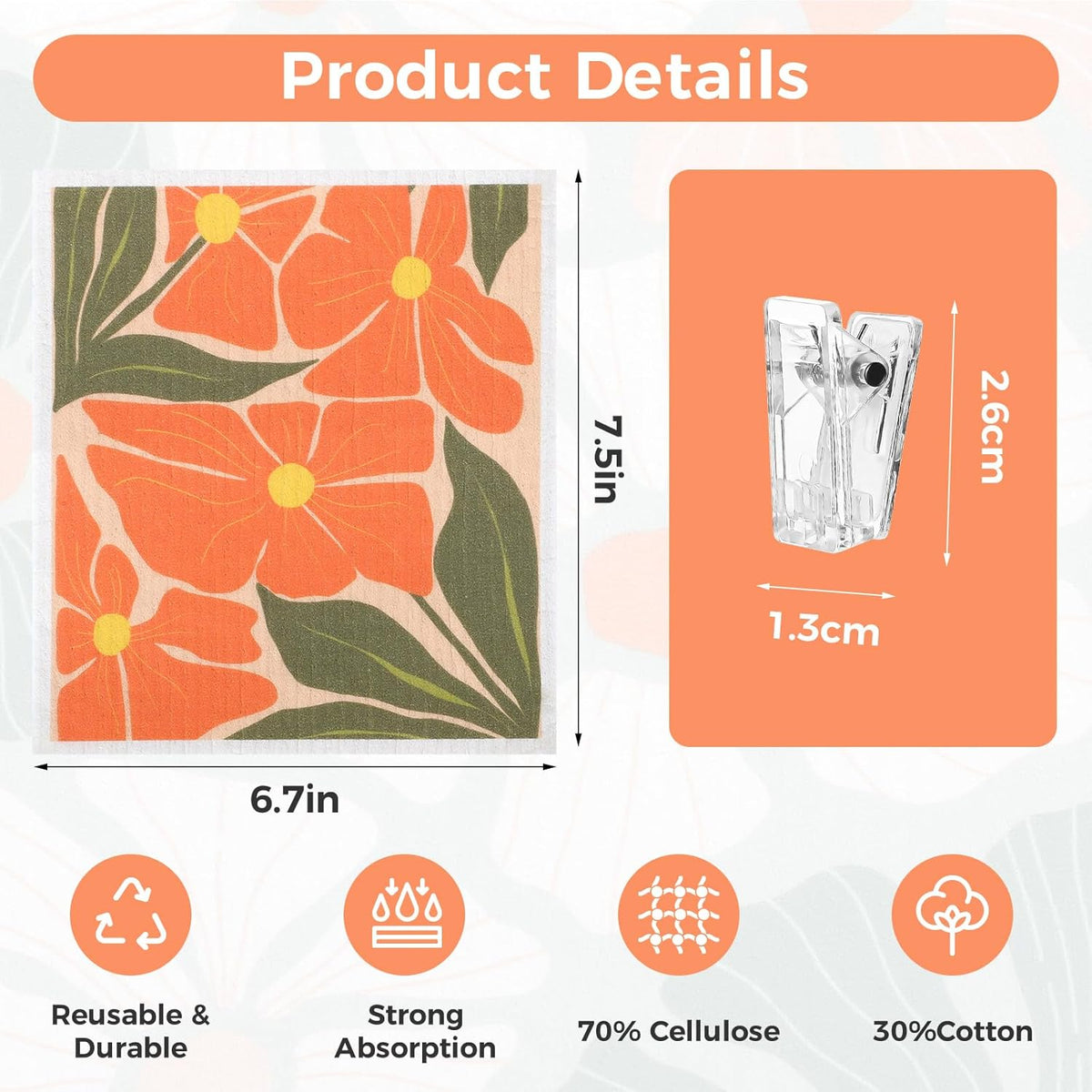 6 Pack Swedish Dishcloths for Kitchen,Abstract Floral Dish Towel with Clip