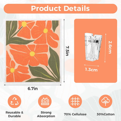 6 Pack Swedish Dishcloths for Kitchen,Abstract Floral Dish Towel with Clip