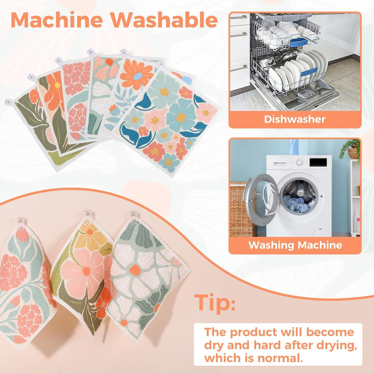 6 Pack Swedish Dishcloths for Kitchen,Abstract Floral Dish Towel with Clip