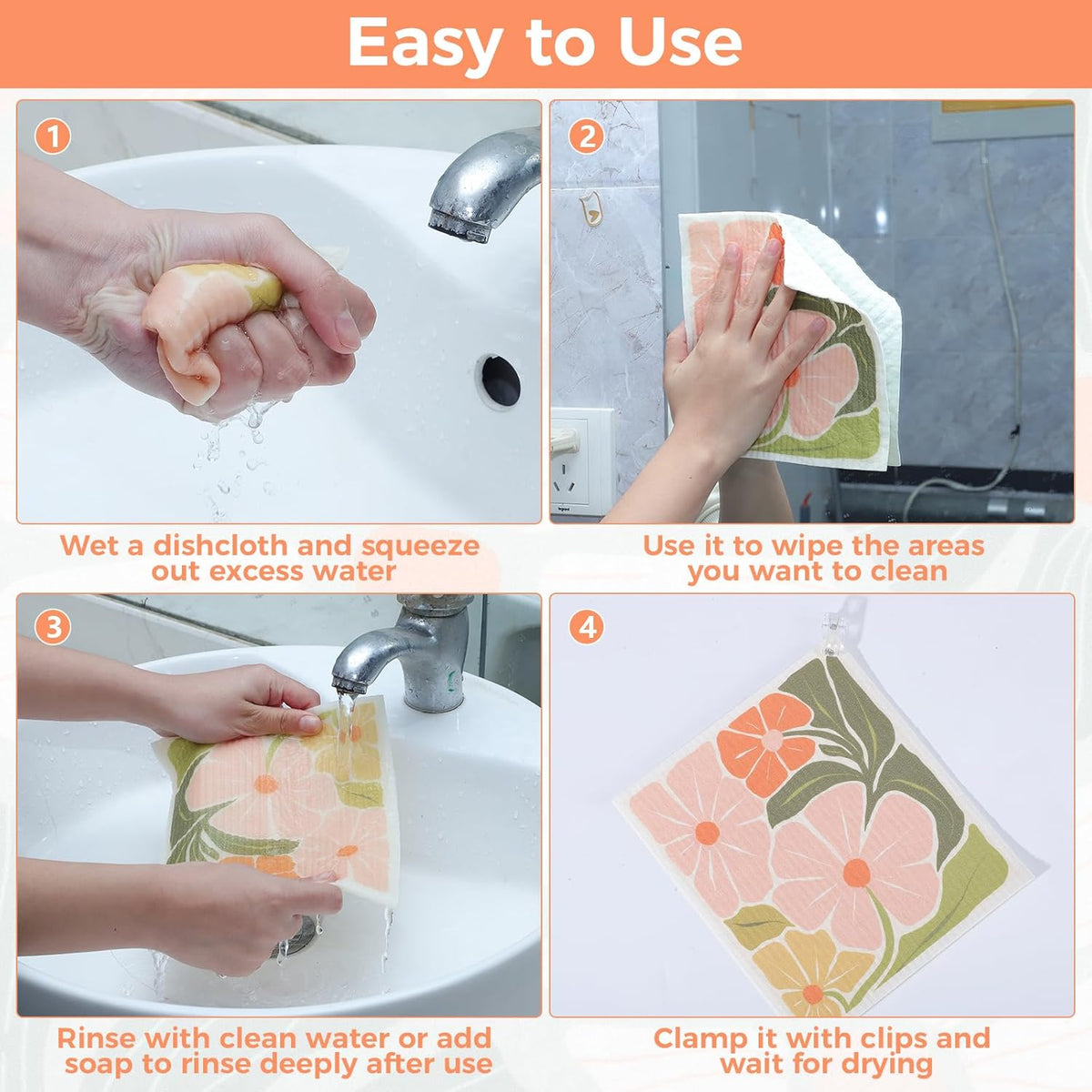6 Pack Swedish Dishcloths for Kitchen,Abstract Floral Dish Towel with Clip