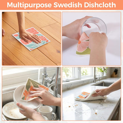 6 Pack Swedish Dishcloths for Kitchen,Abstract Floral Dish Towel with Clip