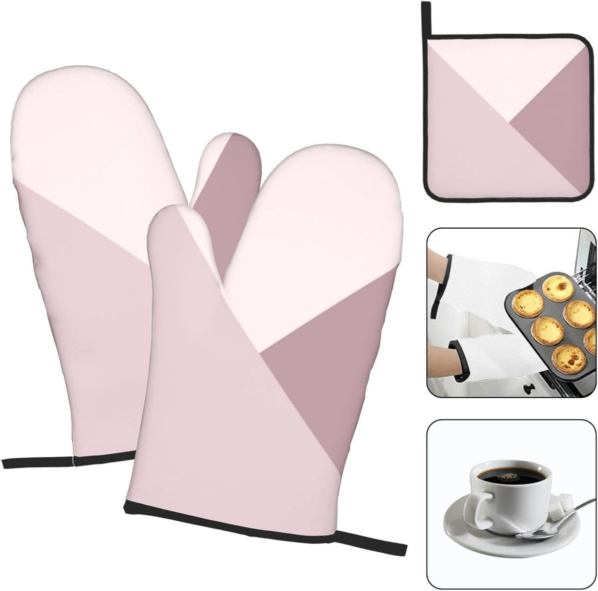 3 Pieces Oven Mitt and Pot Holder Sets, Light Lavender Dusty Rose Blush Pink Oven Mitts Set Heat Resistant Baking Gloves Kitchen Microwave for Cooking, BBQ