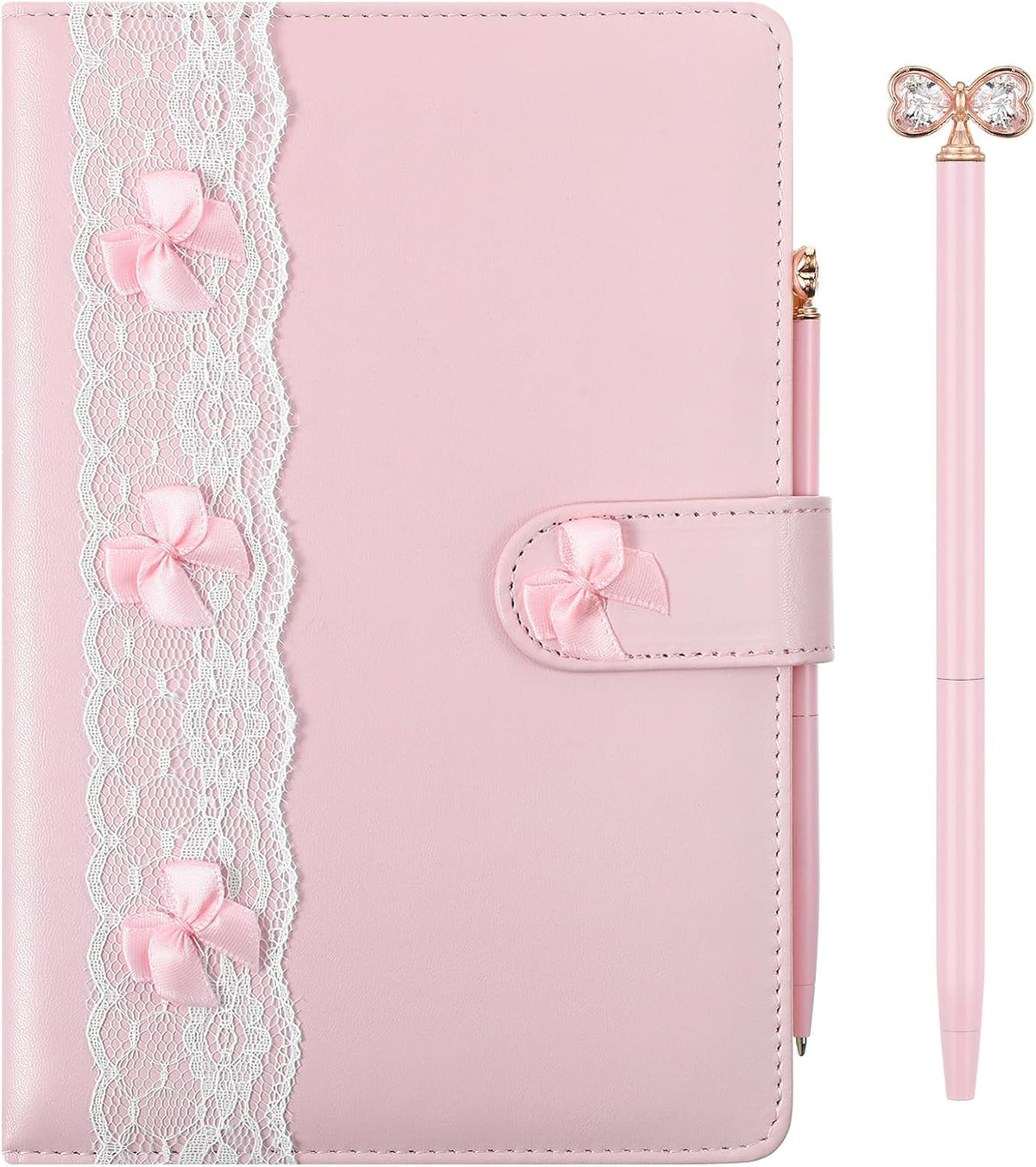 Pink Bow A5 Journal Pen Set for Women, Lined Leather Notebook