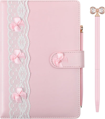 Pink Bow A5 Journal Pen Set for Women, Lined Leather Notebook
