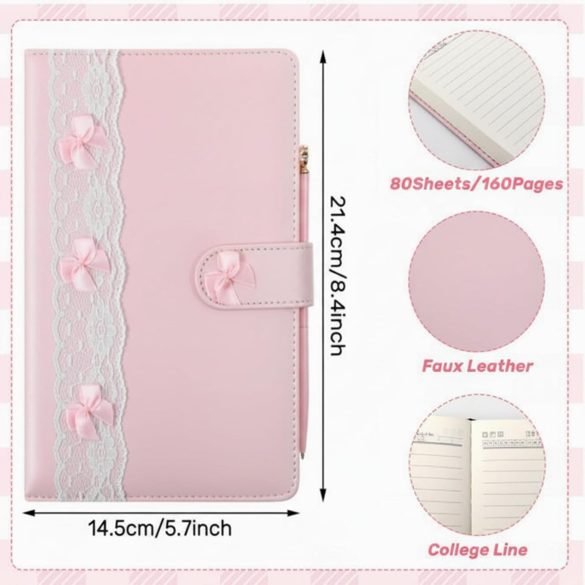 Pink Bow A5 Journal Pen Set for Women, Lined Leather Notebook