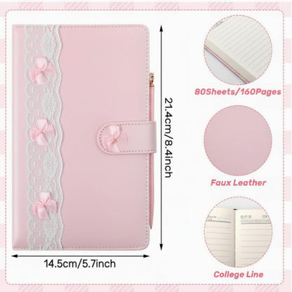 Pink Bow A5 Journal Pen Set for Women, Lined Leather Notebook