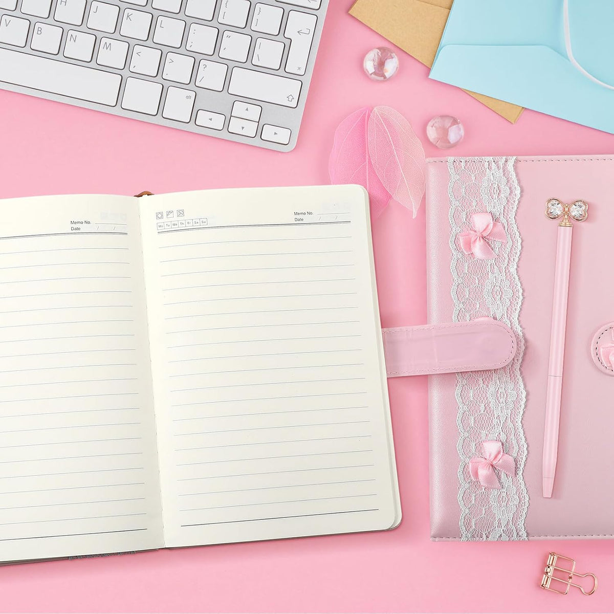 Pink Bow A5 Journal Pen Set for Women, Lined Leather Notebook