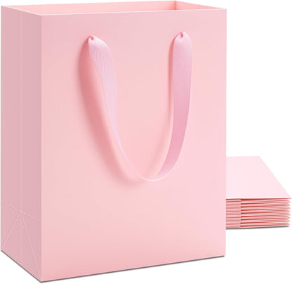 YACEYACE Pink Gift Bags with Handles, 10Pcs 8"x10" Medium Gift Bags, Kraft Paper Bag with Ribbon Handles, Pink Paper Bag for Birthday, Baby Shower