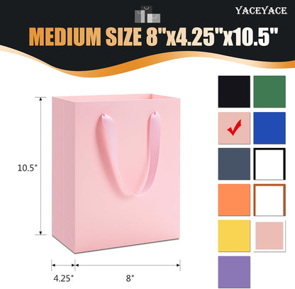 YACEYACE Pink Gift Bags with Handles, 10Pcs 8"x10" Medium Gift Bags, Kraft Paper Bag with Ribbon Handles, Pink Paper Bag for Birthday, Baby Shower