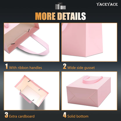 YACEYACE Pink Gift Bags with Handles, 10Pcs 8"x10" Medium Gift Bags, Kraft Paper Bag with Ribbon Handles, Pink Paper Bag for Birthday, Baby Shower