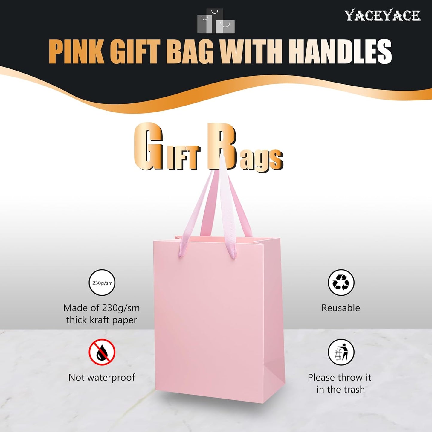 YACEYACE Pink Gift Bags with Handles, 10Pcs 8"x10" Medium Gift Bags, Kraft Paper Bag with Ribbon Handles, Pink Paper Bag for Birthday, Baby Shower