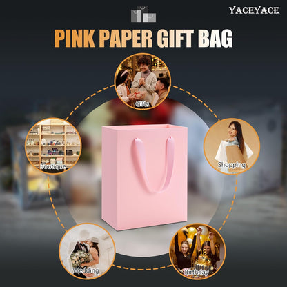 YACEYACE Pink Gift Bags with Handles, 10Pcs 8"x10" Medium Gift Bags, Kraft Paper Bag with Ribbon Handles, Pink Paper Bag for Birthday, Baby Shower