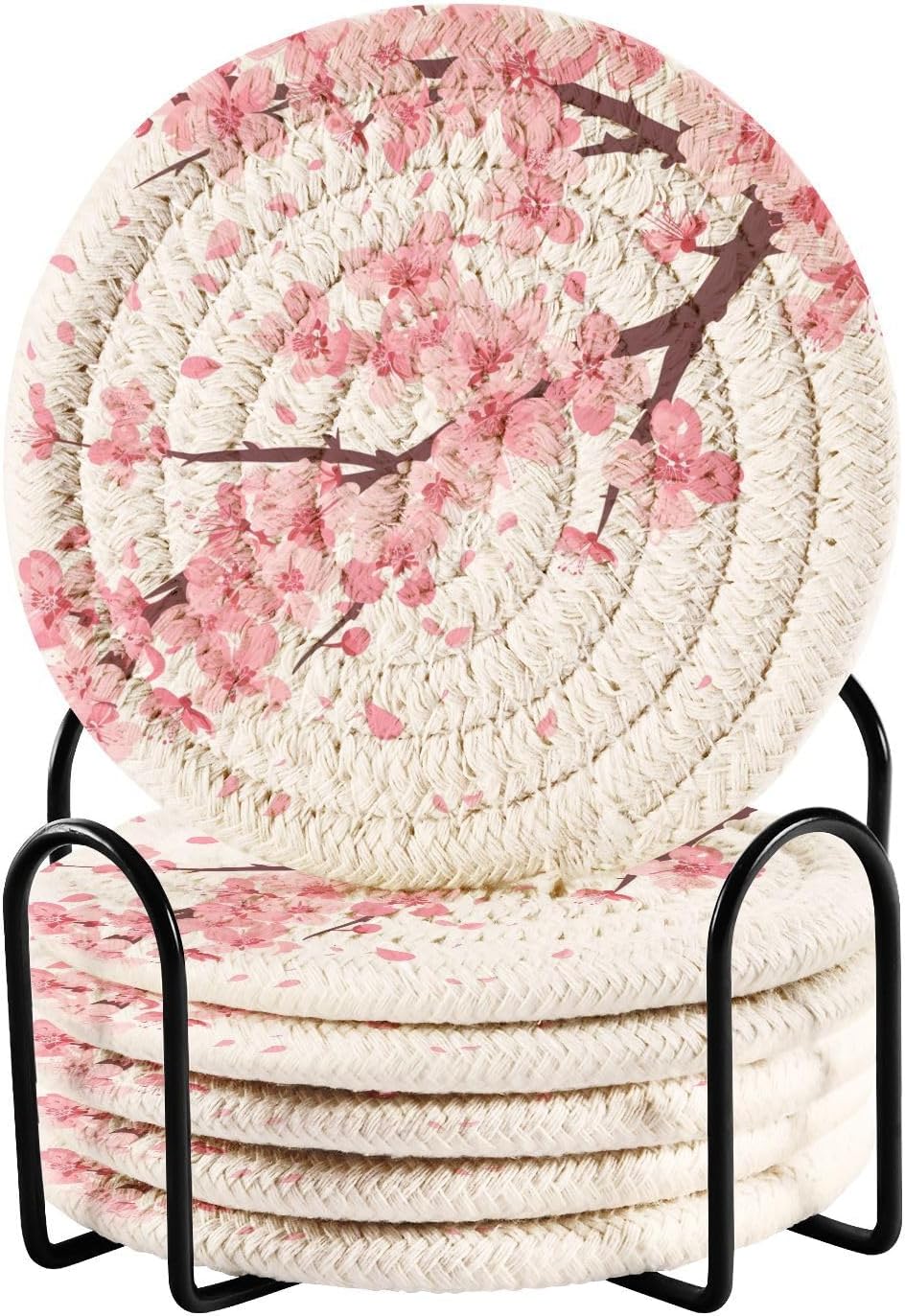 Pink Cherry Blossom Coasters Set of 6 Absorbent Drink Coaster with Holder for Cup Coffee Table Home Decor 3.94 Inch