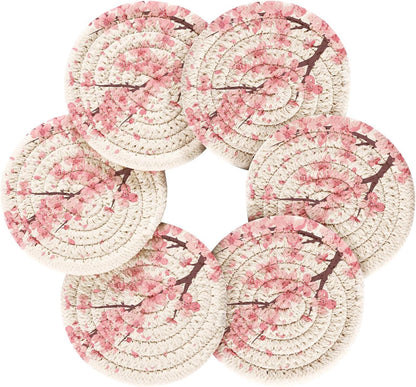 Pink Cherry Blossom Coasters Set of 6 Absorbent Drink Coaster with Holder for Cup Coffee Table Home Decor 3.94 Inch