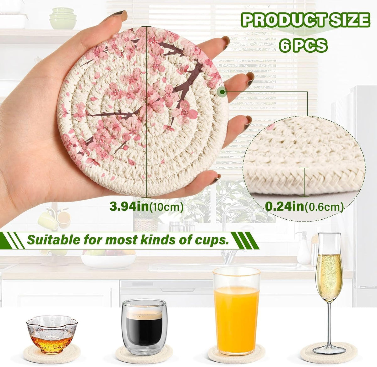 Pink Cherry Blossom Coasters Set of 6 Absorbent Drink Coaster with Holder for Cup Coffee Table Home Decor 3.94 Inch