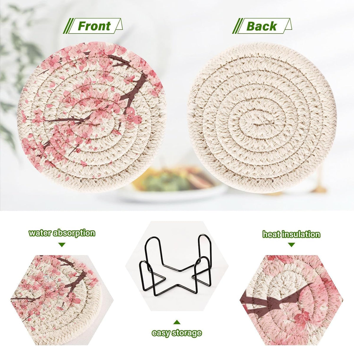 Pink Cherry Blossom Coasters Set of 6 Absorbent Drink Coaster with Holder for Cup Coffee Table Home Decor 3.94 Inch