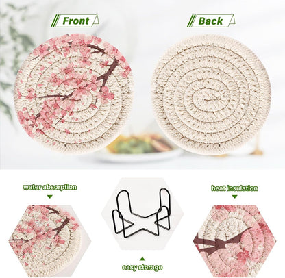 Pink Cherry Blossom Coasters Set of 6 Absorbent Drink Coaster with Holder for Cup Coffee Table Home Decor 3.94 Inch