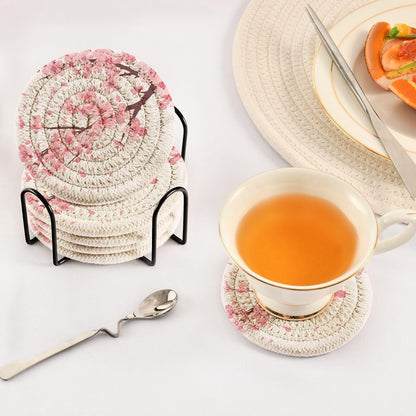 Pink Cherry Blossom Coasters Set of 6 Absorbent Drink Coaster with Holder for Cup Coffee Table Home Decor 3.94 Inch