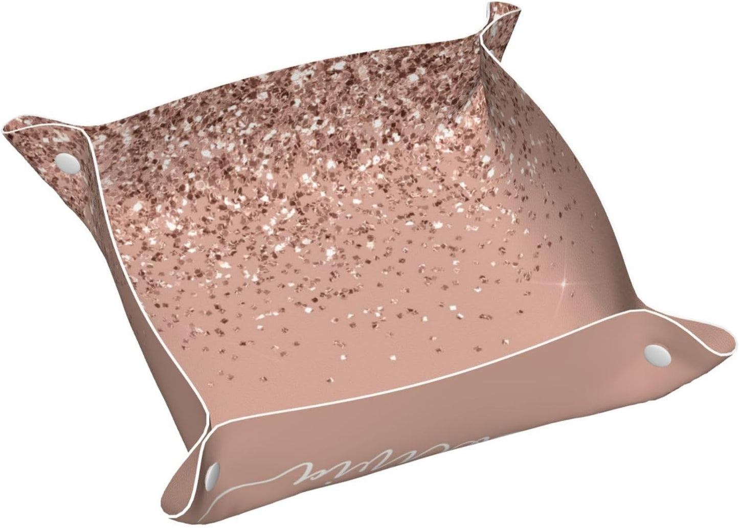Blush Pink Rose Gold Glitter Leather Vanity Tray Desktop Storage Organizer, Decorative Catchall Perfume Tray, Bathroom Valet Tray,Nightstand Caddy Holder for Keys Phone Wallet Coin Jewelry, S