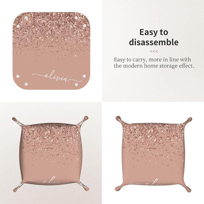 Blush Pink Rose Gold Glitter Leather Vanity Tray Desktop Storage Organizer, Decorative Catchall Perfume Tray, Bathroom Valet Tray,Nightstand Caddy Holder for Keys Phone Wallet Coin Jewelry, S