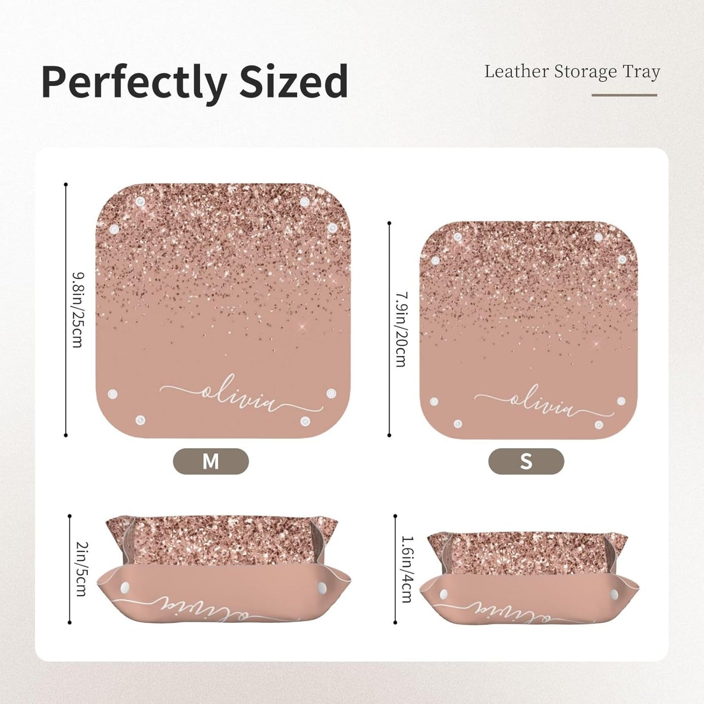 Blush Pink Rose Gold Glitter Leather Vanity Tray Desktop Storage Organizer, Decorative Catchall Perfume Tray, Bathroom Valet Tray,Nightstand Caddy Holder for Keys Phone Wallet Coin Jewelry, S