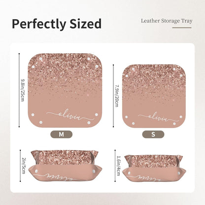 Blush Pink Rose Gold Glitter Leather Vanity Tray Desktop Storage Organizer, Decorative Catchall Perfume Tray, Bathroom Valet Tray,Nightstand Caddy Holder for Keys Phone Wallet Coin Jewelry, S