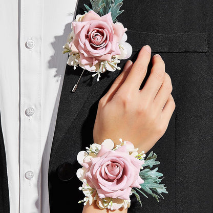 2PCS Rose Flower Wrist Corsage and Boutonniere Set - Artificial Floral Wristlet for Wedding Party Prom Women Men Groom Groomsmen Bride Bridesmaid (Pink)