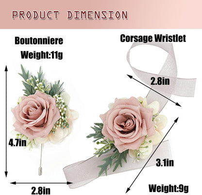 2PCS Rose Flower Wrist Corsage and Boutonniere Set - Artificial Floral Wristlet for Wedding Party Prom Women Men Groom Groomsmen Bride Bridesmaid (Pink)