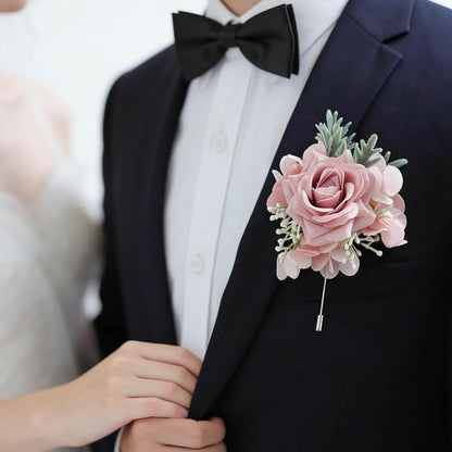 2PCS Rose Flower Wrist Corsage and Boutonniere Set - Artificial Floral Wristlet for Wedding Party Prom Women Men Groom Groomsmen Bride Bridesmaid (Pink)