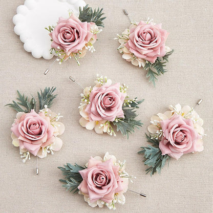 2PCS Rose Flower Wrist Corsage and Boutonniere Set - Artificial Floral Wristlet for Wedding Party Prom Women Men Groom Groomsmen Bride Bridesmaid (Pink)