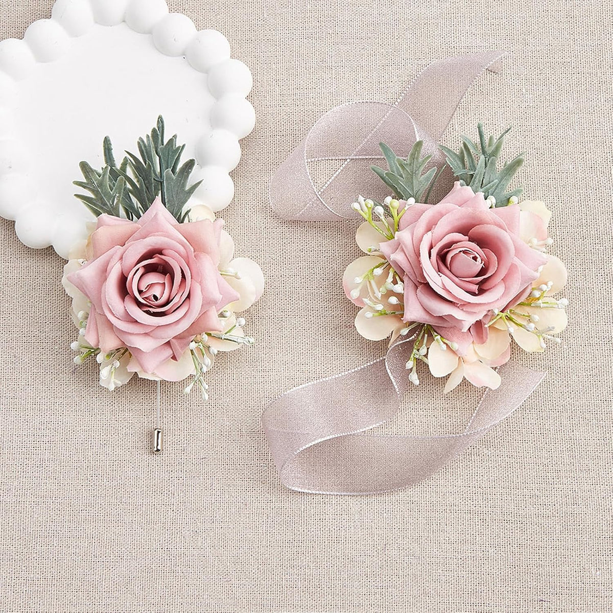 2PCS Rose Flower Wrist Corsage and Boutonniere Set - Artificial Floral Wristlet for Wedding Party Prom Women Men Groom Groomsmen Bride Bridesmaid (Pink)
