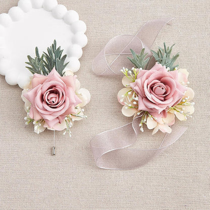 2PCS Rose Flower Wrist Corsage and Boutonniere Set - Artificial Floral Wristlet for Wedding Party Prom Women Men Groom Groomsmen Bride Bridesmaid (Pink)