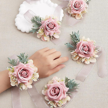 2PCS Rose Flower Wrist Corsage and Boutonniere Set - Artificial Floral Wristlet for Wedding Party Prom Women Men Groom Groomsmen Bride Bridesmaid (Pink)