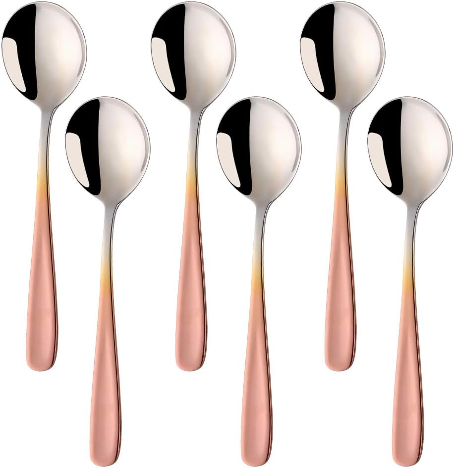 Bouillon Spoon Sets, 7-Inch Round Soup Spoons, Stainless Steel Finished Table Dinner Spoons (Gradient Rose Gold)