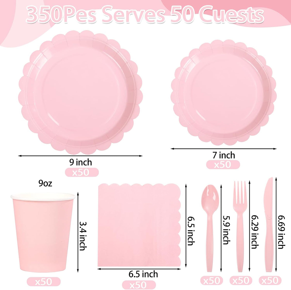 LIYH 350 Pcs Pink Paper Plates and Napkins - 50 Guest Light Pink Party Supplies Include Scalloped Plates Cups Plastic Spoons Forks Knives for Baby Shower Birthday Party