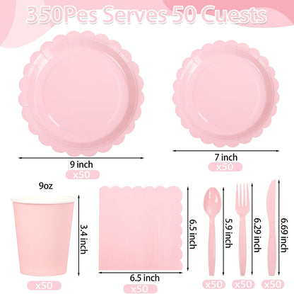 LIYH 350 Pcs Pink Paper Plates and Napkins - 50 Guest Light Pink Party Supplies Include Scalloped Plates Cups Plastic Spoons Forks Knives for Baby Shower Birthday Party
