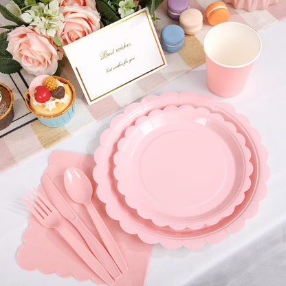 LIYH 350 Pcs Pink Paper Plates and Napkins - 50 Guest Light Pink Party Supplies Include Scalloped Plates Cups Plastic Spoons Forks Knives for Baby Shower Birthday Party