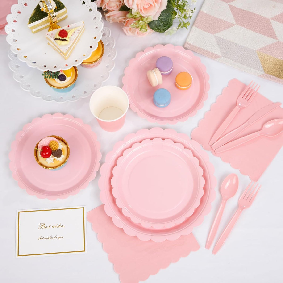 LIYH 350 Pcs Pink Paper Plates and Napkins - 50 Guest Light Pink Party Supplies Include Scalloped Plates Cups Plastic Spoons Forks Knives for Baby Shower Birthday Party
