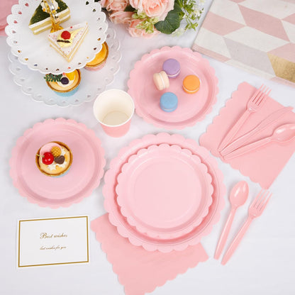 LIYH 350 Pcs Pink Paper Plates and Napkins - 50 Guest Light Pink Party Supplies Include Scalloped Plates Cups Plastic Spoons Forks Knives for Baby Shower Birthday Party