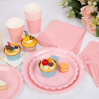 LIYH 350 Pcs Pink Paper Plates and Napkins - 50 Guest Light Pink Party Supplies Include Scalloped Plates Cups Plastic Spoons Forks Knives for Baby Shower Birthday Party
