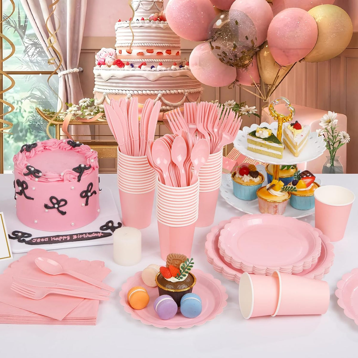 LIYH 350 Pcs Pink Paper Plates and Napkins - 50 Guest Light Pink Party Supplies Include Scalloped Plates Cups Plastic Spoons Forks Knives for Baby Shower Birthday Party
