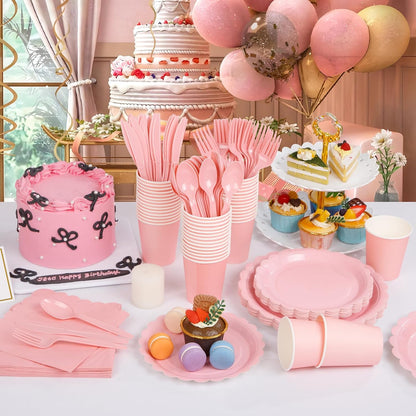 LIYH 350 Pcs Pink Paper Plates and Napkins - 50 Guest Light Pink Party Supplies Include Scalloped Plates Cups Plastic Spoons Forks Knives for Baby Shower Birthday Party